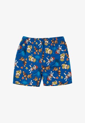 Costumi da bagno, tessuto blu con una stampa a tutto campo di cani dei cartoni animati, dotati di cintura elastica, materiale leggero e colori vivaci.