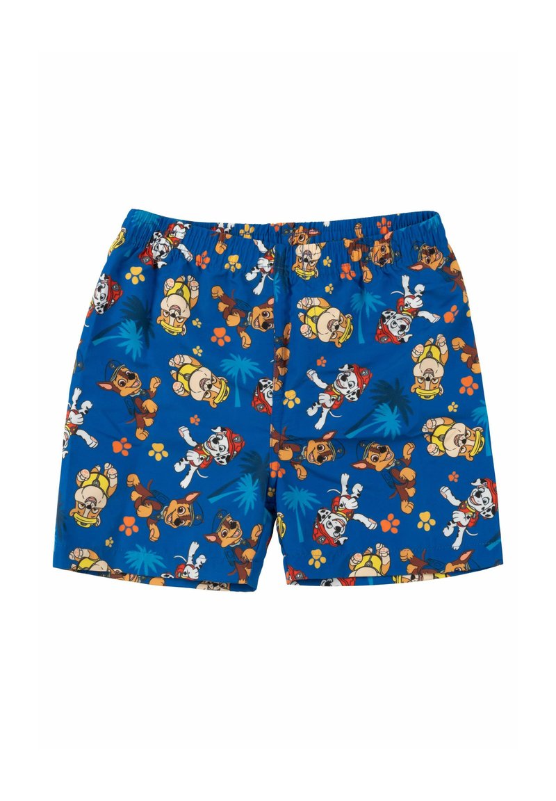 Costumi da bagno, tessuto blu con una stampa a tutto campo di cani dei cartoni animati, dotati di cintura elastica, materiale leggero e colori vivaci.