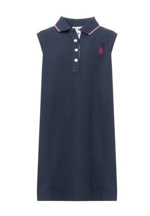 Abito polo senza maniche blu navy con tre bottoni bianchi, rifinitura rosa e bianca sul colletto e logo ricamato rosa sul petto.