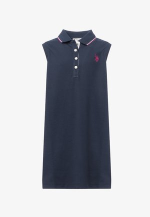 Abito polo senza maniche blu navy con tre bottoni bianchi, rifinitura rosa e bianca sul colletto e logo ricamato rosa sul petto.