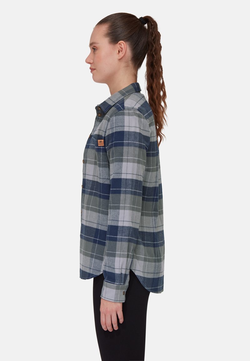 Flanellhemd in grün, marineblau und grau karee. Mit Knopfleiste, langen Ärmeln und leicht abgerundetem Saum. Beinhaltet ein Logo-Patch auf der Brust.