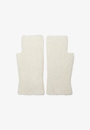 Knit fingerless gloves in cream, featuring a ribbed texture and open fingertips for dexterity. Lightweight and warm for cooler weather.
