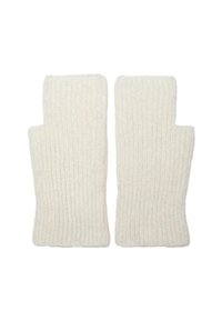 Guanti senza dita a maglia color crema, con una texture a costine e punte delle dita aperte per una maggiore destrezza. Leggeri e caldi per il clima più fresco.