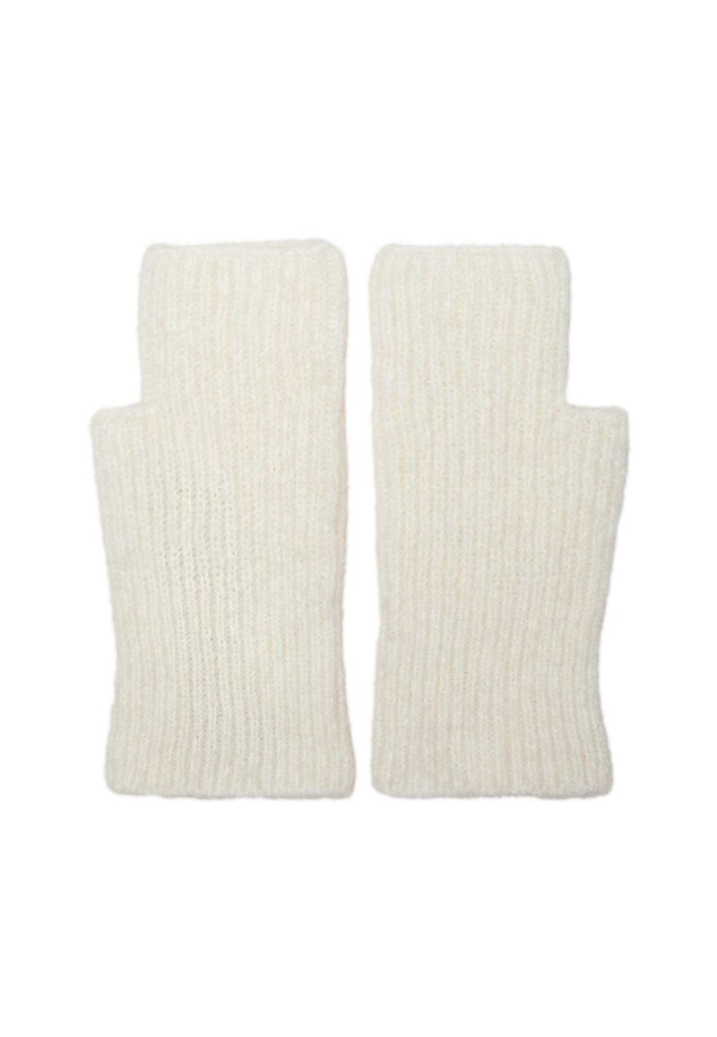 Guanti senza dita a maglia color crema, con una texture a costine e punte delle dita aperte per una maggiore destrezza. Leggeri e caldi per il clima più fresco.