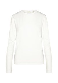 Weißes Langarm-T-Shirt aus Baumwolle. Mit Rundhalsausschnitt und geradem Saum. Einfaches Design ohne sichtbare Muster oder Verzierungen.