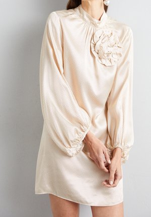 Robe beige avec un motif à pois subtil, froncée au col et avec des poignets élastiques, présentant un détail floral décoratif sur la poitrine.