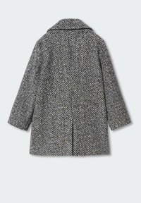 Kabát se vzorem pepito v černé a šedé barvě, s klopovým límcem a tříčtvrtečními rukávy, s přímým střihem a bez zapínání.