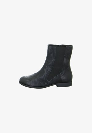 Schwarze Leder-Stiefeletten mit runder Zehenpartie, elastischen Seiteneinsätzen und perforierten Details an der Zehenpartie. Niedriger Blockabsatz für Stabilität.