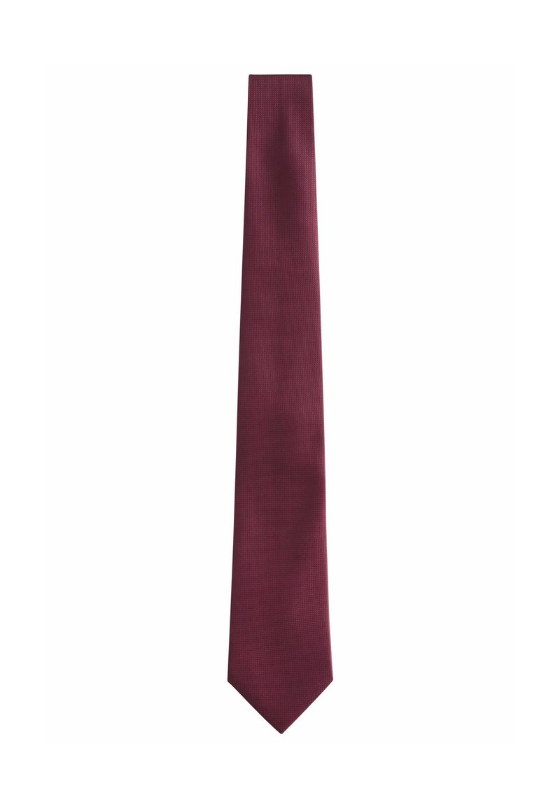 Burgundy necktie with a textured fabric, narrow shape, and pointed end. Solid color with a subtle pattern, suitable for formal occasions.