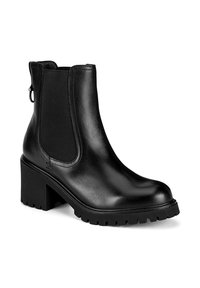 Čierna kožená členková čižma s elastickými postrannými panelmi, textúrovanou gumovou podrážkou a masívnym blokovým podpätkom. Hladký povrch a čistý dizajn.