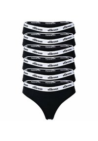 Mutande nere per donne, con un design a taglio alto, caratterizzate da fasce elastiche bianche con il testo "ellesse" lungo l'elastico in vita. Più paia impilate.