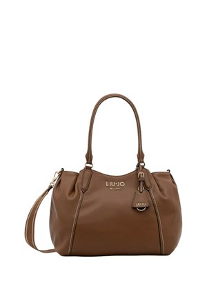 Sac à main en cuir marron Liu Jo Milano avec doubles poignées, bandoulière amovible et détail d'étiquette de marque.