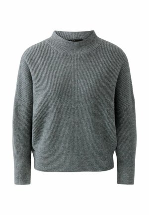 Grauer Strickpullover mit hohem Kragen, gerippter Textur, lockerer Passform und überschnittenen Schultern, ausgestattet mit langen Ärmeln und einem geraden Saum.