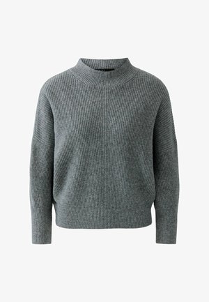 Gray knitted sweater with a high collar, ribbed texture, loose fit, and dropped shoulders, featuring long sleeves and a straight hem.