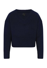 Pull court bleu marine en tissu doux. Comprend un col en V, un ourlet côtelé et des manches larges. Motif en maille texturée sur toute la surface.