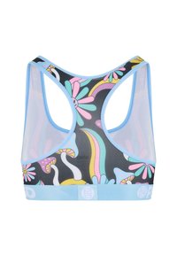 Sports-bh med flerfarvede blomster- og regnbuemønstre, sort stofbund, lyseblå accenter og racerback-design. Struktureret materiale.