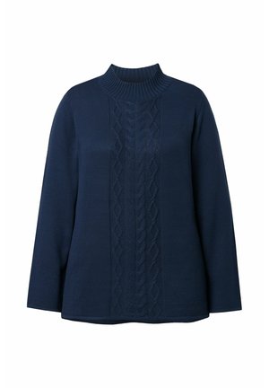 Laivastonsininen neulottu villapaita, jossa on korkea kaulus, keskellä palmikkoneulekuvio ja pitkät hihat, tehty pehmeästä, teksturoidusta kankaasta.