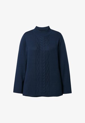 Maglione blu navy lavorato a maglia con collo alto, caratterizzato da un motivo centrale a trecce e maniche lunghe, realizzato in tessuto morbido e strutturato.