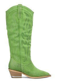 Zielony zamszowy kowbojski but z szpiczastym noskiem, ozdobnym stebnami i akcentami w postaci cyrkonii na cholewie i obcasie. Maszynowy, wyglądający na drewniany obcas.