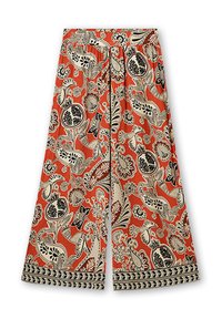 Weite Hosen aus orangefarbenem Stoff, versehen mit schwarzen und beigen Blumenmustern, mit einem detaillierten Saum und einem gebundenen Bund für einen sicheren Sitz.