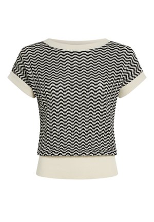 Pullover mit kurzen Ärmeln und einem schwarz-weißen Wellenmuster, mit geripptem Halsausschnitt und Saum, gefertigt aus einem strukturierten Strickstoff.