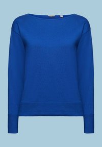 Blauer Pullover mit langen Ärmeln und Bootsausschnitt, gerippter Struktur an Bündchen und Saum sowie lockerer Passform. Weicher Stoff mit glatter Oberfläche.