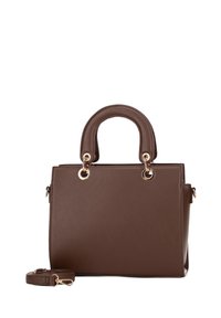 Borsa a tracolla in ecopelle marrone con design strutturato, manici corti doppi, hardware dorato e tracolla regolabile.