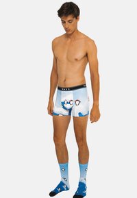 Boxers pour hommes en tissu extensible, avec un imprimé de glace bleue et de pingouins. Associés à des chaussettes bleu clair avec des motifs de pingouins.