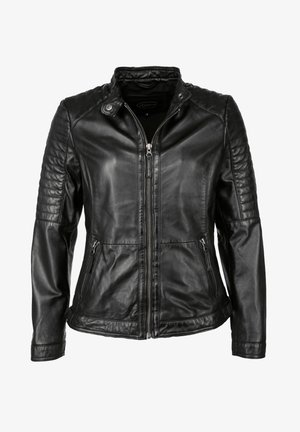 Zwarte leren motorjack met doorgestikte schouders, ritssluiting aan de voorkant en zijzakken, en een kraag met drukknopen.