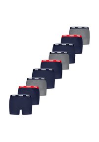 PUMA Herren Boxershorts in einer Mischung aus Marineblau und Grau, mit elastischen Taillengummis und Logo-Akzenten, in einer Reihe präsentiert.