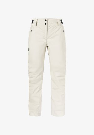 Beige isolierte Skihosen mit geradem Schnitt, zwei Seitentaschen und schwarzen Akzenten am Bund. Mit Knopfverschluss. Weiche Textur.