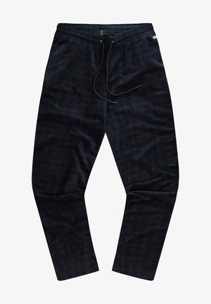 Mørkeblå ternede bukser lavet af blødt stof, med elastisk talje med snøre og sidelommer, skræddersyet pasform.