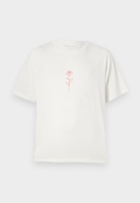 Cream-colored t-shirt featuring a simple red rose graphic in the center, set against a plain white background.