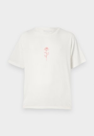 Maglietta color crema con una semplice grafica di una rosa rossa al centro, su uno sfondo bianco semplice.