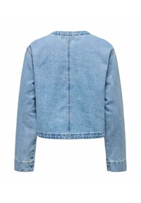 Light blue cropped denim jacket featuring long sleeves, a simple round neckline, and clean stitching without pockets or embellishments.