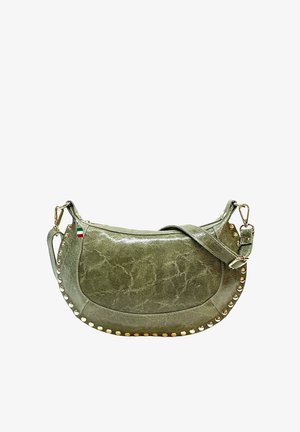 Olive green leather crescent-shaped shoulder bag with gold studs along edges and removable strap with metal clasps.