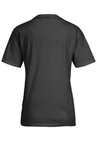 Camiseta de algodón negra de manga corta, con cuello redondo y una textura suave. La parte trasera presenta un diseño liso sin logotipos ni patrones visibles.