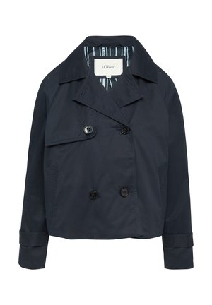 Navyblaues, doppelt-knopfbares Jacket aus glattem Stoff, mit schwarzen Knöpfen, einem Reverskragen und gestreifter Innenauskleidung.