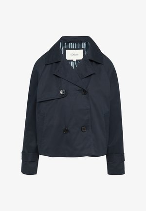 Tume sinine kahepoolne jakk, valmistatud siledast kangast, mustade nööpide, sälk-krae ja triibulise sisetöötlusega.