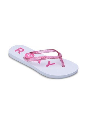 Weiße Flip-Flop-Sandale mit glitzernden pinkfarbenen Riemen und pinkfarbener "ROXY"-Aufschrift auf der Sohle.