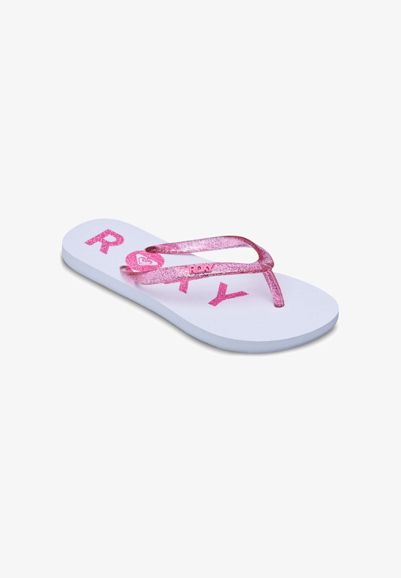 Sandale tongs blanche avec des brides roses scintillantes et le texte "ROXY" imprimé en rose sur la semelle.
