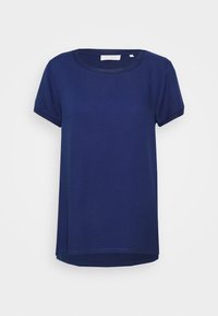T-shirt blu navy a maniche corte con scollatura rotonda, tessuto liscio e vestibilità leggermente ampia. Orlo curvato ai lati.