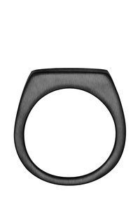 Fekete, kefélt fém gyűrű sima, széles szalaggal és enyhén ívelt felső éllel; minimalista dizájn, további kiegészítők vagy minták nélkül.