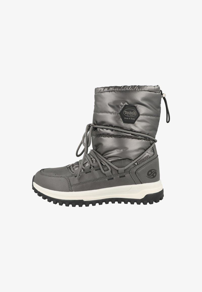 Graue Winterstiefel mit gepolstertem Schaft, Gummisohle, verstellbarem Kordelzug und strukturiertem Obermaterial mit Logodetail an der Seite.