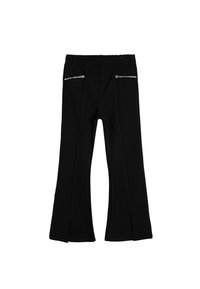 Schwarze Hose mit einem ausgestellten Design, elastischem Bund und zwei Reißverschlusstaschen vorne. Weiche Textur und glatte Verarbeitung.