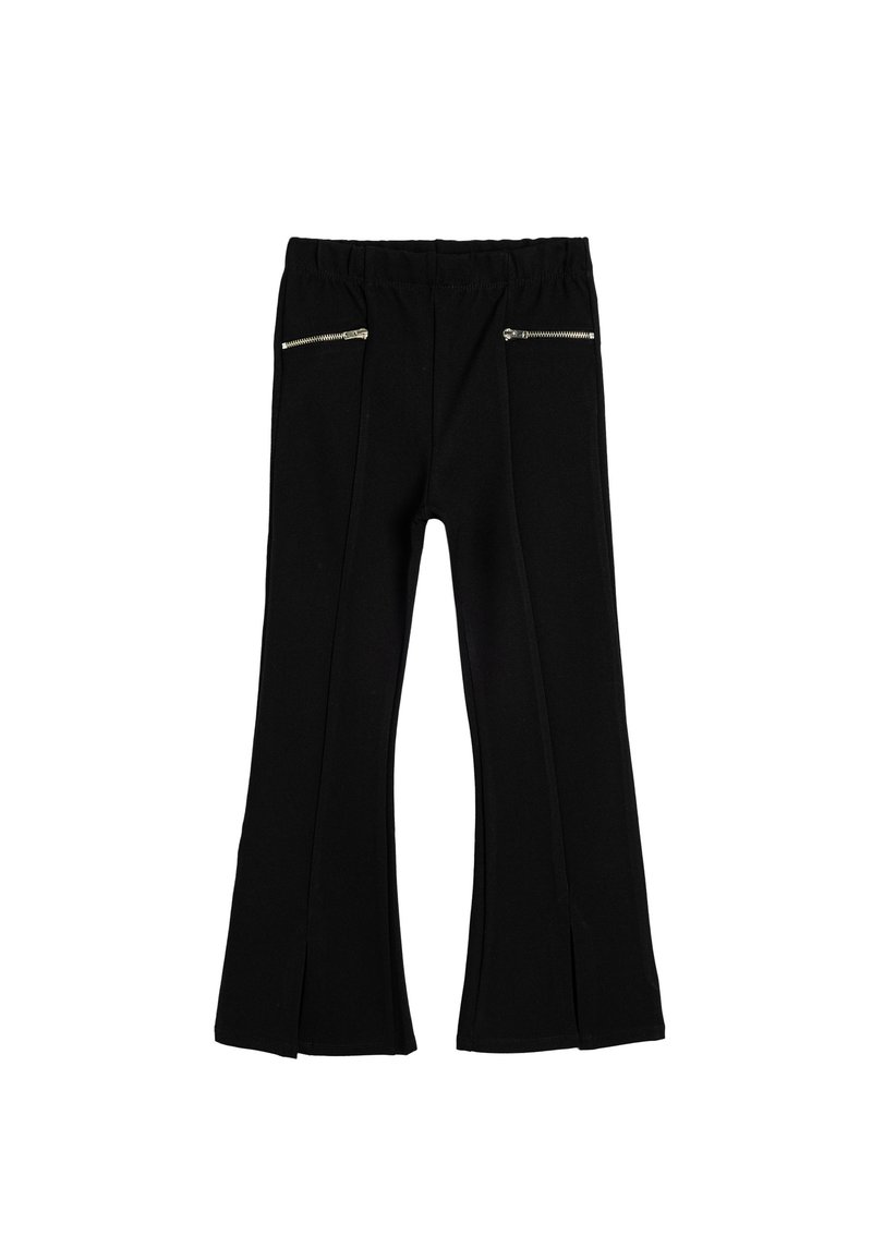Schwarze Hose mit einem ausgestellten Design, elastischem Bund und zwei Reißverschlusstaschen vorne. Weiche Textur und glatte Verarbeitung.