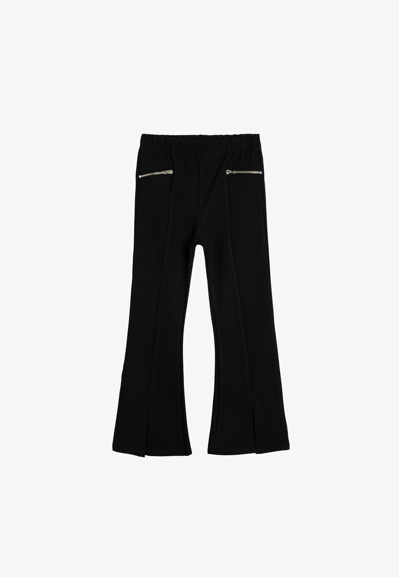Black pants with a flared design, elastic waistband, and two zippered pockets at the front. Soft texture and smooth finish.