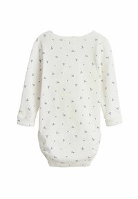 Bodysuit dla niemowląt z długim rękawem w białym kolorze, wykonany z bawełny, z drobnymi niebieskimi wzorami liści. Ma okrągły dekolt oraz podwinięte mankiety, miękka faktura.