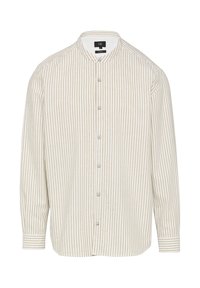 Lichtbeige overhemd met knoopsluiting, voorzien van verticale strepen, een opstaande kraag en lange mouwen met gestreepte manchetten. Gemaakt van een katoenmix.