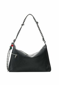 Must nahast õlakott kaarekujundusega, kus on tõmblukuga tasku ja punutud kettkäepide värviliste aktsentidega. Reljeefne logodetail.